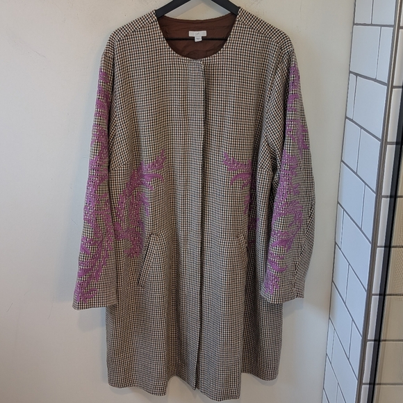 J. Jill Women's Houndstooth Embroidered Boho Jacket Stretch 2X Plaid Coat - Picture 2 of 9